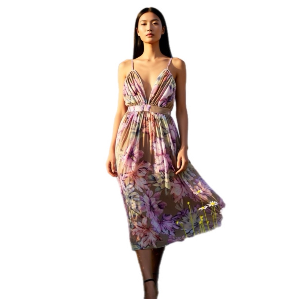 Floral V-Neck Midi Sundress in Mauve Pink